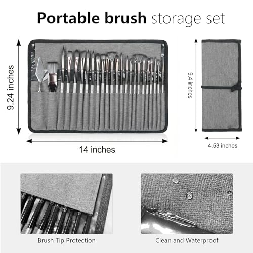 24Pcs Multi-Shape Paint Brushes Set for Acrylic, Oil, Watercolor & Gouache with Palette Knife and Waterproof Canvas Roll, Synthetic Bristles Art Supplies for Artists & Beginners