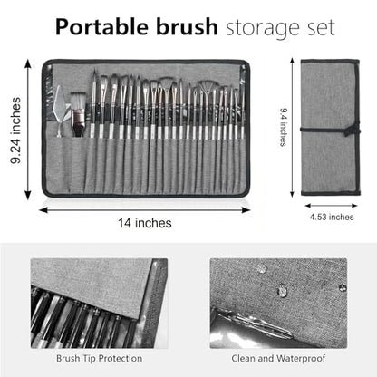 24Pcs Multi-Shape Paint Brushes Set for Acrylic, Oil, Watercolor & Gouache with Palette Knife and Waterproof Canvas Roll, Synthetic Bristles Art Supplies for Artists & Beginners