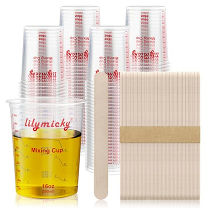 Lilymicky 16 oz Plastic Mixing Cups, 100 Pack 16 oz (500ml) Disposable Measuring Cups with 100 Wooden Mixing Sticks, Can Be Used for Epoxy Resin, Liquid Measuring, Paint, Cooking and Baking