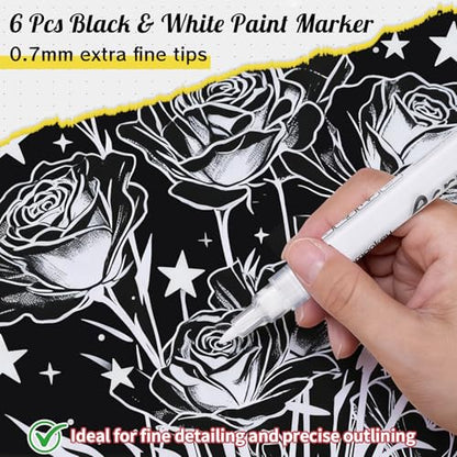 Thboxes 6 Pack Black and White Paint Pens, 0.7mm Extra Fine Acrylic Paint Markers for Rock Painting, Wood, Fabric, Plastic, Ceramic, Glass, Metal, Canvas DIY Crafts - color: Black & White