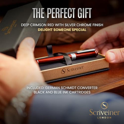 Scriveiner Deep Crimson Red Fountain Pen - Stunning Luxury Pen with Chrome Finish, Schmidt Nib (Medium), Best Pen Gift Set for Men & Women, Professional, Executive, Office, Nice Pens - color: 12. Crimson Red with Chrome, style: Medium Nib
