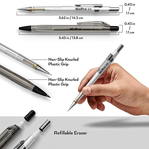 Nicpro 6PCS Art Mechanical Pencil Set, 4PCS Drafting Pencils 0.3 & 0.5 & 0.7 & 0.9 mm & 2PCS 2mm Lead Holder (4B 2B HB 2H) For Writing, Sketching Drawing With 12 Tube Lead Refills Erasers Case - style: 0.3 0.5 0.7 0.9 2.0