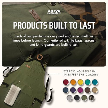 Asaya Chef and BBQ Apron with Bottle Opener and Hand Towel - 10oz Cotton Canvas, Stainless Steel Hardware - Cross Back Straps - color: Green