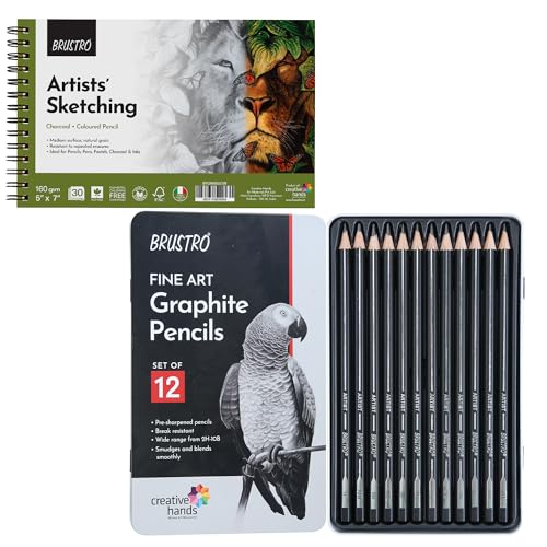 Brustro Sketching Wiro Pad,5x7 inches,160 GSM,30 Sheets with Graphite Pencil Set of 12 (10B–2H) Tin Box. Sketch and Drawing Gift - style: Graphite Pencil + 5x7 Sketchbook