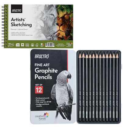 Brustro Sketching Wiro Pad,5x7 inches,160 GSM,30 Sheets with Graphite Pencil Set of 12 (10B–2H) Tin Box. Sketch and Drawing Gift - style: Graphite Pencil + 5x7 Sketchbook