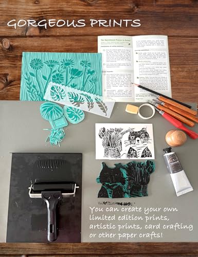 Xenolog Deluxe Block Printing kit - Premium lino Cutters, Linoleum Blocks for printmaking, Includes Printing Ink in 4 Colors, Brayer, baren, Basswood, Transfer Paper, Stencils, and Guide - Ideal Gift