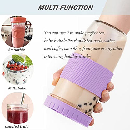 Amyoole 2 Pack Reusable Boba Cup,24Oz Wide Mouth Smoothie Cup,mason Jar Glass Cups with Lids and Straws,Bubble/Boba Tea Cups,Ice Coffee Tumbler 2 colored straws 1 sponge brush(Purple) - color: Purple