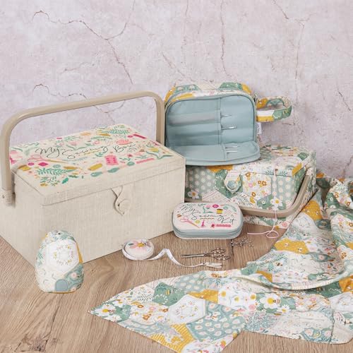 Hobby Gift Medium Sewing Box Organiser, Fabric Covered Storage Box with Handle, Internal Tray, Pin Cushion and Pocket for Sewing, Quilting and Knitting Supplies - color: My Sewing