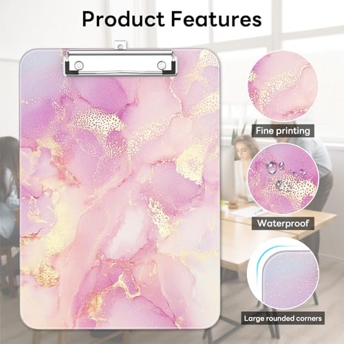 Plastic Cute Clipboard Low-Profile Metal Clip, A4 Letter Size 9 x 12.5 in, 8.5 x 11 Paper Clip Board for Teachers, Nurses, Classroom,Pink Gold Marble - color: Pink Gold Marble