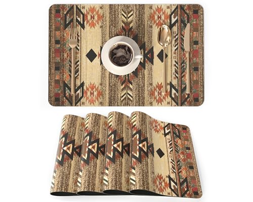 QIYI Placemats Set of 4, 12x18 Inch Faux Leather Place Mats for Kitchen Dinning, Heat Resistant Anti Slip Brown Table Mats, Waterproof Wipeable Washable Placemat Party Table Décor, Geometric Motifs - color: Geometric Motifs, size: Set of 4