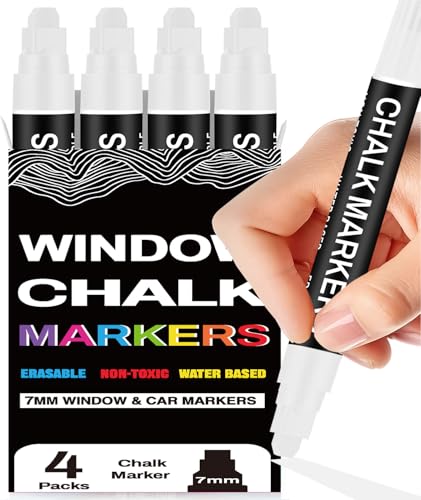 White Chalk Markers for Blackboard, Window Markers Thick, Liquid Chalk Pen with 7mm Wide Thick Tip & Erasable Paint, Jumbo Marker for Chalkboard Blackboard Sign Glass Menu Board Mirror Poster - 4 Pack - size: 1 Count (Pack of 4)
