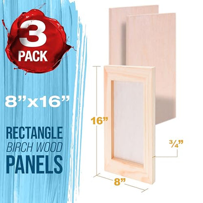 U.S. Art Supply 08" x 16" Unfinished Cradled Wood Panels for Painting, Studio 3/4" Deep (3 Pack) - Artist Depth Birch Wooden Wall Canvases - Mixed-Media Craft, Acrylic, Oil, Encaustic, Paint Pouring - size: 8" x 16"