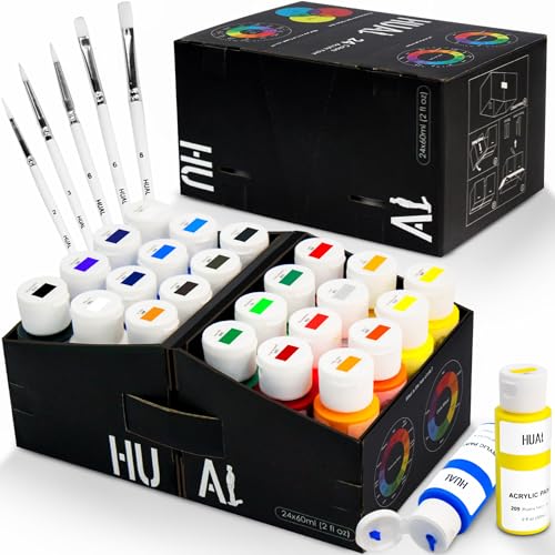 HUAL Acrylic Paint Set With 5 Brushes, 24 Colors (60ml, 2oz) for Artists Kids Beginners & Painters,Model/Canvas/Rock/Fabric/Glass/Stone/Ceramic/Wood Painting, Non Toxic - color: White Bottle (Clean Look)