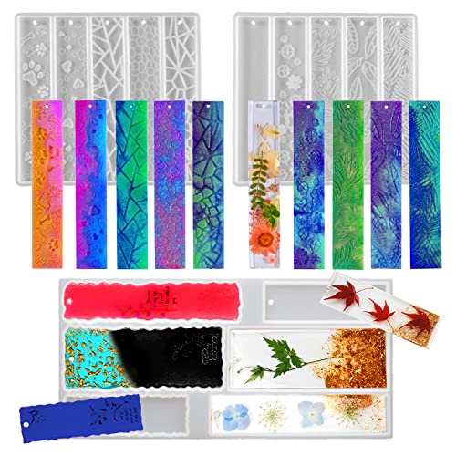 3 Set of Bookmark Resin Molds Silicone Resin Mold Kit Rectangle Irregular Shaped Bookmark Mould Leaves Geometric Texture Epoxy Resin Casting Mold Unique Keychain Pendant Mold DIY Decor Crafts - color: 3x Bookmark