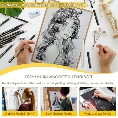 MARTCOLOR Drawing Sketching Pencil Set, 26 Pieces, Graphite Pencils (14B-4H), Charcoal Pencils, Charcoal Sticks, Blending Stump, Eraser, Sharpeners, Artist Pencils for Beginners & Pro Artists