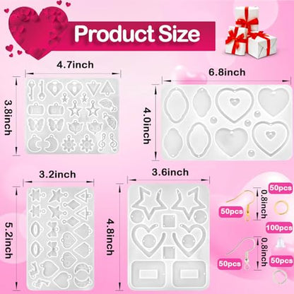 4Pack Valentine's Day Earring Resin Silicone Molds Kit, Love Heart Shape Resin Mold with200Pcs Earring Hook Jump Ring for Epoxy Resin Casting DIY Craft Earring Jewelry Making (4 Packs White) - color: 4 Packs White