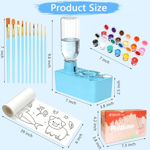 Paint Brush Cleaner Tool,Painting Running Water Circulation Art Supplies,with Brushes,Colors Paint,Watercolor Paper,Paint Station Creative Gift for Kids Girls Adult Artist Beginners,Blue