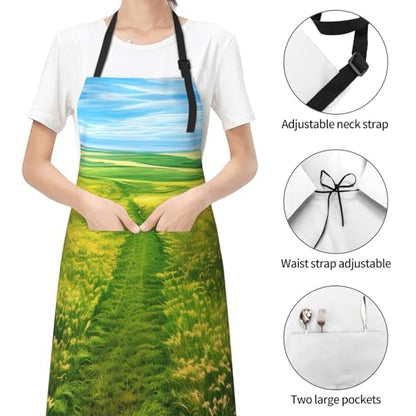 Round watercolor painting Heavy Duty Waterproof Apron with Pockets for AdultsResistant Grilling, Gardening, Painting - color: Grassland Paths