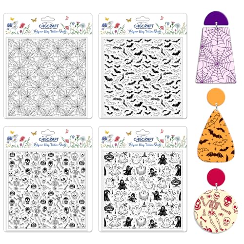 CHGCRAFT 4 Pcs Polymer Clay Texture Sheets Ghosts Silicone Texture Stamp Skeletons Clay Texture Mat Modeling Pattern Pad Sheets for Jewelry and Earrings Tools, 5.5x5.5 inch - style: Ghosts