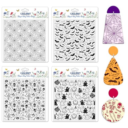 CHGCRAFT 4 Pcs Polymer Clay Texture Sheets Ghosts Silicone Texture Stamp Skeletons Clay Texture Mat Modeling Pattern Pad Sheets for Jewelry and Earrings Tools, 5.5x5.5 inch - style: Ghosts