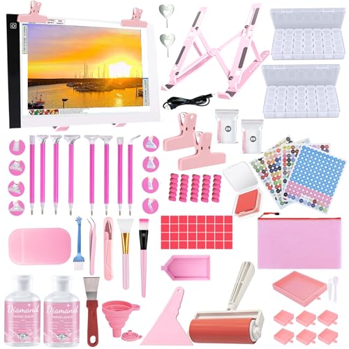 DNSGOOR 186Pcs All Inclusive Diamond Art Accessories Kit Diamond Painting A4 LED Light Pad Set with Diamond Art Sealer Glue Stand Storage Case Pens 5D Painting Tools for DIY Drill Craft - color: Pink, size: A4