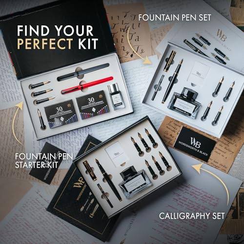 Wordsworth and Black Fountain Pen Set - Grey - Includes 2 Pens, 18 ML Ink Bottle, 60 Ink Cartridges, A Refill Converter, 1 Medium and 4 Broad Nibs, Brush Pen - Fountain Pen Kit for Beginners - color: Red and Grey