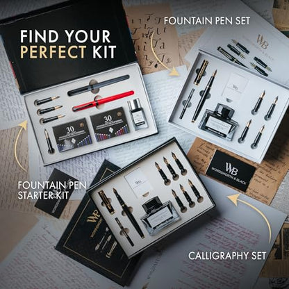 Wordsworth and Black Fountain Pen Set - Grey - Includes 2 Pens, 18 ML Ink Bottle, 60 Ink Cartridges, A Refill Converter, 1 Medium and 4 Broad Nibs, Brush Pen - Fountain Pen Kit for Beginners - color: Red and Grey