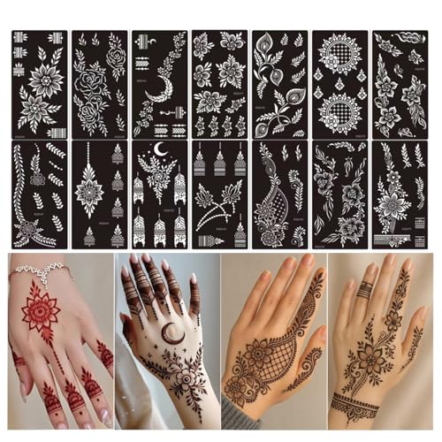 Xmasir 14 Sheets Henna Tattoo Stencils Kit, Flower Temporary Tattoos Template Airbrush Indian Hands Forearm Body Art Tattoos for Girls and Women Wedding and Party - size: 14P