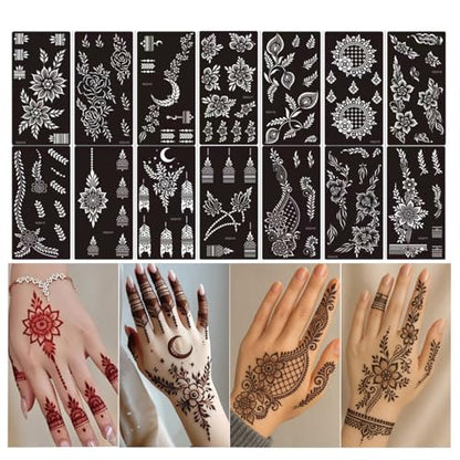 Xmasir 14 Sheets Henna Tattoo Stencils Kit, Flower Temporary Tattoos Template Airbrush Indian Hands Forearm Body Art Tattoos for Girls and Women Wedding and Party - size: 14P