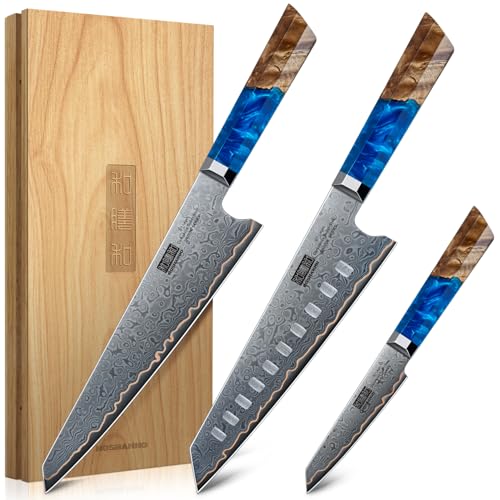 HOSHANHO Damascus 3 Pieces Knife Set, Professional 67-Layer Damascus Steel Kitchen Knife Set, Ultra Sharp Japanese Chef Knives Set with Ergonomic Blue Resin Stabilized Handle & Wood Gift Box - size: 3-Piece Knife Set