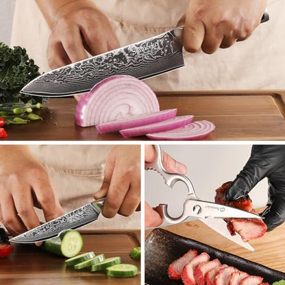Sunnecko Kitchen Knife Set of 3, Chef Knife Set Damascus Steel Knives Set for Kitchen Sharp VG10 Corn, Full Tang with Gift Box - size: Set of 3-8 Inch