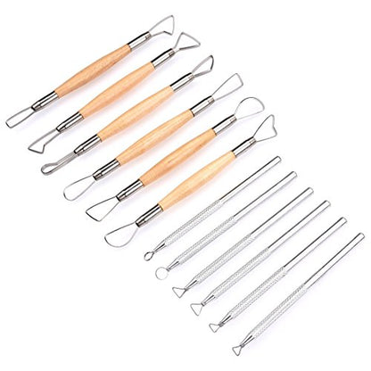 COMIART 12PCS Clay Sculpting Ribbon Tools Set - Double-Ended Pottery Carving Tools for Beginners & Professionals, Wood & Stainless Steel Handles for Ceramic Modeling, Sculpting & Shaping
