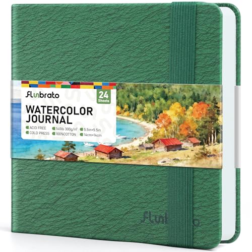 Watercolor Journal 5.5"x5.5" - 100% Cotton, 24 Sheets,140LB/300GSM Cold Press, Watercolor Paper Sketchbook- Perfect for Watercolor, Gouache, Acrylic, Ink & Mixed Media - color: Dark Green