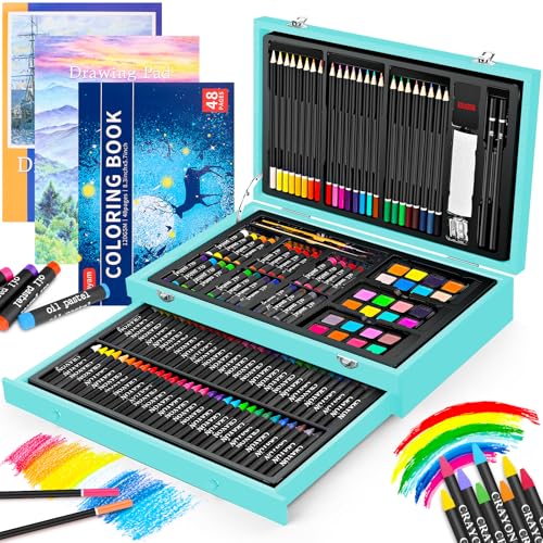 iBayam Art Supplies, 150-Pack Deluxe Wooden Art Set Crafts Drawing Painting Kit with 1 Coloring Book, 2 Sketch Pads, Creative Gift Box for Adults Artist Beginners Kids Girls Boys - color: Teal