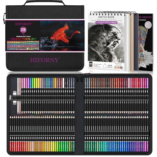 HIFORNY 128 PCS Colored Pencils Set for Adults – 120 Soft Core Coloring Pencils with Sketchbook, Coloring Book, Blender, Burnisher, Eraser, Sharpener & Color Chart – in Durable Zipper Case