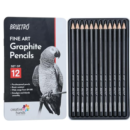BRUSTRO Fine Art Graphite Pencil - Set of 12 (10B - 2H) with Mechanical Precision Retractable Eraser(2.3mm) | Ideal for Drawing,Sketching,Mandala,Shading,Artwork, Beginners, Artists and Professionals - style: Graphite Pencil + Mechanical Eraser