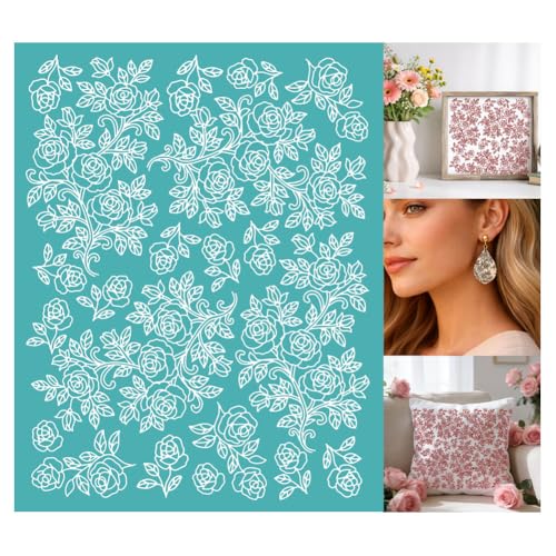 2 Sheets French Pastoral Silk Screen Stencil, Rose Floral Self-Adhesive Silk Screen Printing Stencils Vintage Botanical Reusable Mesh Stencil for Painting on Wall, Wood, Home Craft Decor - style: French Pastoral