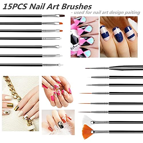 FULINJOY 20PCS Nail Art Design Tools, 15PCS Painting Brushes Set (Black) with 5PCS Dotting Pens - color: 20pcs - black