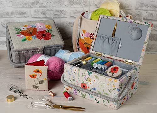 Hobby Gift Medium Sewing Box Organiser, Fabric Covered Storage Box with Handle, Internal Tray, Pin Cushion and Pocket for Sewing, Quilting and Knitting Supplies - color: Wild Flowers