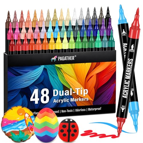 Pagather 48 Colors Acrylic Paint Markers, Dual Tip with Fine Tip and Brush Tip Pens for Fabric, Stone, Wood, Canvas, Ceramic, Metal, Glass, Rock Painting, DIY Crafts - color: 48 Colors