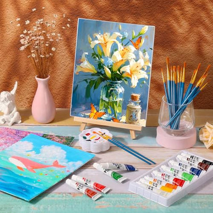 shynek 66 Pack Canvases with Easel Set, 8 x 10 Inch Canvas Boards with Wooden Easels, Acrylic Paint, Paint Brushes Canvas Panel Painting Kit for Beginners Art Crafts Sip and Paint Party - color: 12 Colors Acrylic Paints