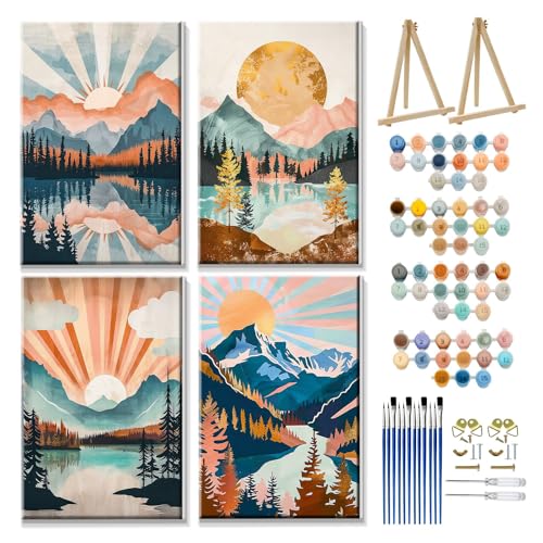 JOOZ 4 Pack Paint by Numbers Kit for Adults with Frame Mountain Paint by Number with Easel Lake Adult Paint by Number Kit on Canvas Framed Sunset Oil Painting Kits for Home Wall Decor 8x12 Inch - color: Sunset 011