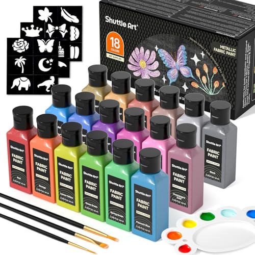 Metallic Fabric Paint, Shuttle Art 18 Metallic Colors Permanent Soft Fabric Paint in Bottles (60ml/2oz) with Brush and Stencils, Non-Toxic Textile Paint for T-shirts, Shoes, Jeans, Bags & DIY Projects - color: Metallic, size: 2 Fl Oz (Pack of 18)