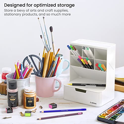 ARTEZA Desktop Pen and Marker Organizer, 6-Compartment White Pen Holder for Desk with Stationery Drawer, Makeup Organizer - style: 6-Compartment White