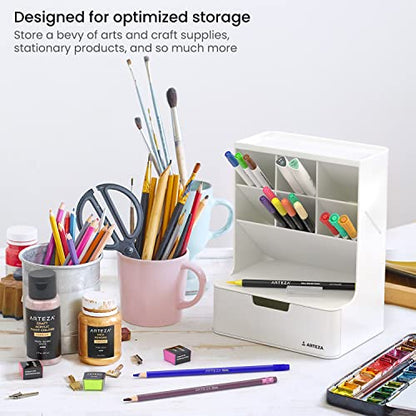 ARTEZA Desktop Pen and Marker Organizer, 6-Compartment White Pen Holder for Desk with Stationery Drawer, Makeup Organizer - style: 6-Compartment White
