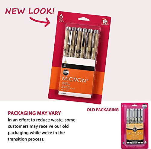 SAKURA Pigma Micron Fineliner Pens - Archival Black Ink Pens - Black Ink - 01 Point Size - 6 Pack & Pigma Micron Fineliner Pens - Archival Black Ink Pens - Black Ink - 005 Point Size - 6 Pack
