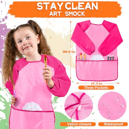 POPYOLA Acrylic Paint Set for Kids, Non Toxic Kids Painting Set with Tabletop Easel, Acrylic Paints, Smock, Canvases, Wooden Stencils, Brushes, Painting Kit Gift for Beginner Student Toddlers - color: Pink