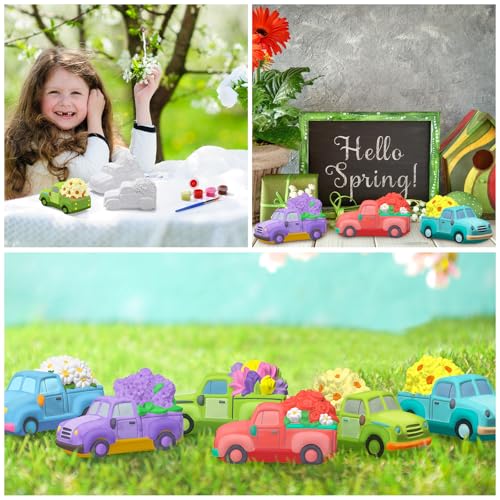JellyArch 6 Set Ceramic Painting Kit DIY Ceramic Truck with Flowers Crafts Include Lavender, Daisy, Daffodil, Rose, Tulip, Sunflower Statues Brush and Bag for Adult Holiday Birthday Party Decor - style: Spring