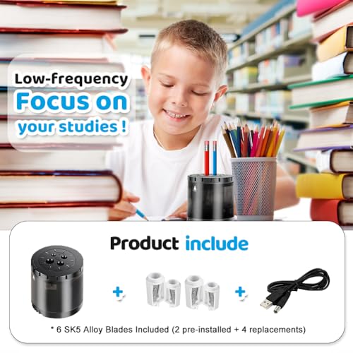Heavy-Duty Electric Pencil Sharpener USB and Battery Power 4 Replacement Blades 4-Hole Adjustable for 6-12mm Art Pencils Large Capacity Automatic Pencil Sharpeners Black