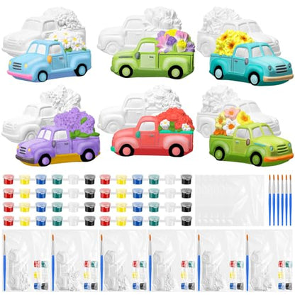 JellyArch 6 Set Ceramic Painting Kit DIY Ceramic Truck with Flowers Crafts Include Lavender, Daisy, Daffodil, Rose, Tulip, Sunflower Statues Brush and Bag for Adult Holiday Birthday Party Decor - style: Spring